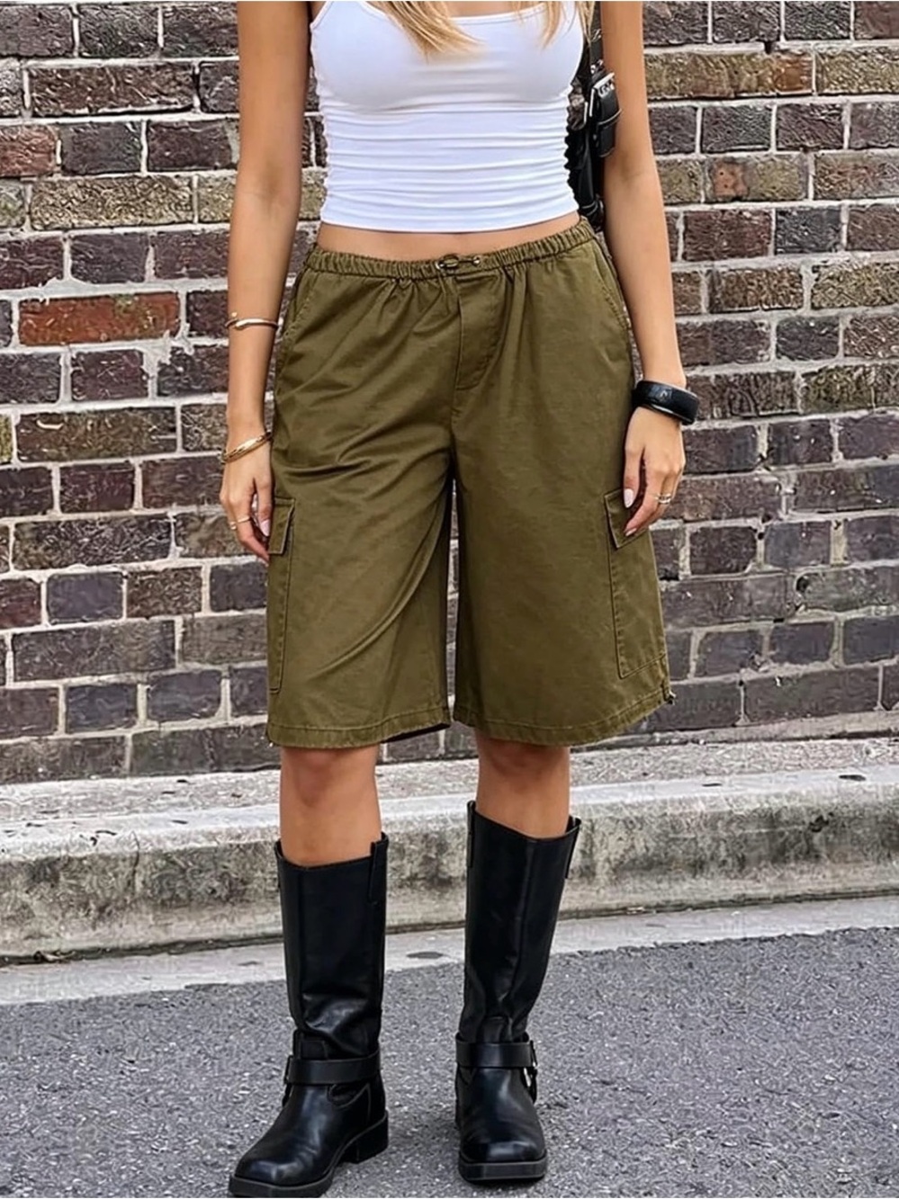 Olive Green Cargo Bermuda Shorts - Women's Casual Utility Style
